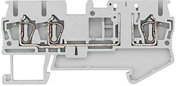 Grauer elektrischer Reihenklemmenblock mit Metallkontakten für elektrische Verbindungen in Schalttafeln und Anlagen.