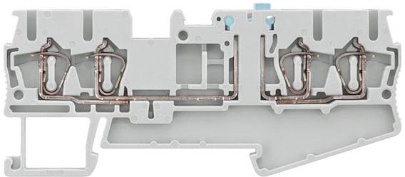 Querschnitt eines grauen Reihenklemmblocks mit kupfernen Leitern, die elektrische Verbindungen ermöglichen. Eignet sich zur Verdrahtung von Schaltanlagen.