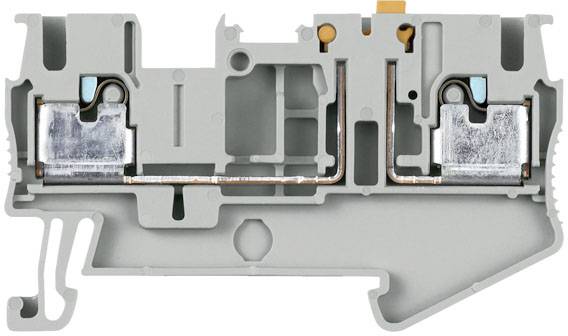 Grau gefärbter Querschnitt einer elektrischen Klemme mit Metallkomponenten und Kabelkanälen, zeigt interne Struktur und Verbindungspunkte.