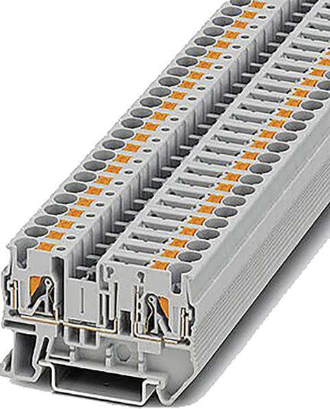 Eine graue elektrische Reihenklemme mit mehreren Anschlussstellen, geeignet für den Einbau in Elektroschaltschränke.