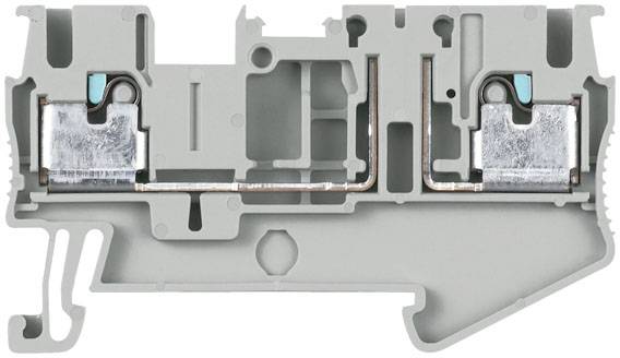 Querschnitt eines grauen elektrischen Klemmenblocks mit Metallkomponenten. Zeigt die interne Verkabelung und Kontaktpunkte.