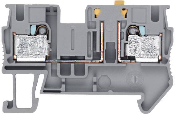Querschnitt eines grauen elektrischen Klemmenblocks mit Metallkomponenten und Kabelverbindungen, zeigt innere Struktur und Funktion.