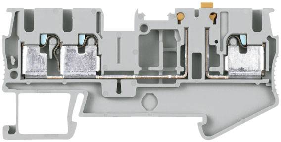Querschnitt eines grauen elektrischen Klemmenblocks mit internen Anschlüssen und Leitungsführungen sichtbar.