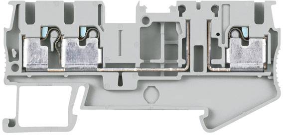 Grau-weißer elektrischer Reihenklemmverbinder mit Metallkontakten und Kupferleitern, offen zur Darstellung der inneren Struktur.