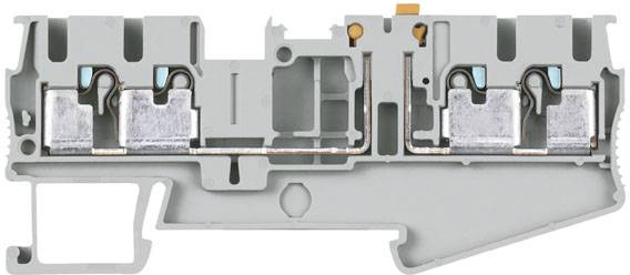 Querschnitt eines elektrischen Klemmenblocks mit drei Metallkontakten und Kunststoffgehäuse, zeigt interne Verdrahtung und Struktur.