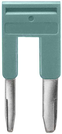 Ein grüner Gabelverbinder mit zwei Metallspitzen, verwendet für elektrische Verbindungen.