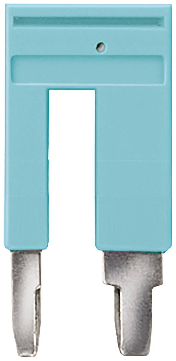 Ein türkisfarbener Sicherungsstecker mit zwei metallischen Kontakten, verwendet in elektrischen oder elektronischen Geräten.