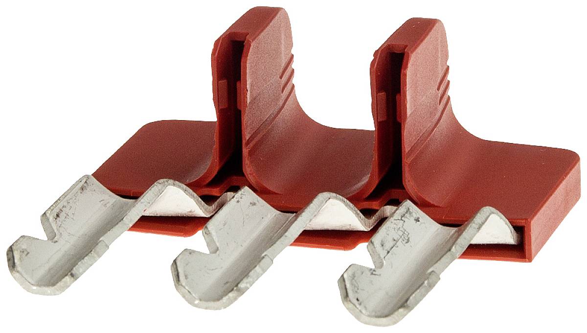 Drei rote elektrische Steckerverbinder mit metallischen Klemmen.