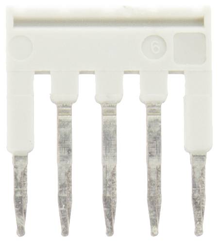 Ein weißer Kunststoffstecker mit fünf metallischen Stiften, nummeriert mit einer 6 in der oberen rechten Ecke.