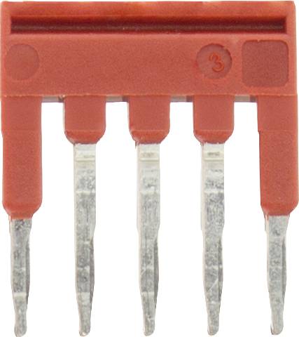 Roter Jumper-Stecker mit fünf Metallstiften für elektronische Verbindungen. Eignet sich zum Konfigurieren von Leiterplatten.