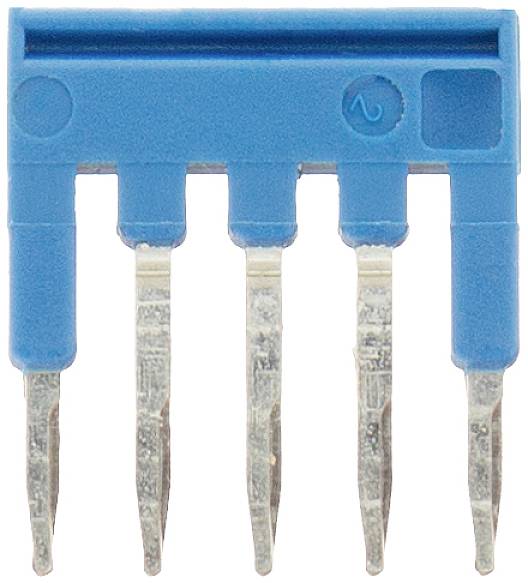 Ein blauer Jumper-Kurzschlussstecker mit fünf metallischen Stiften, verwendet zur Konfiguration von Hardwareeinstellungen auf Leiterplatten.