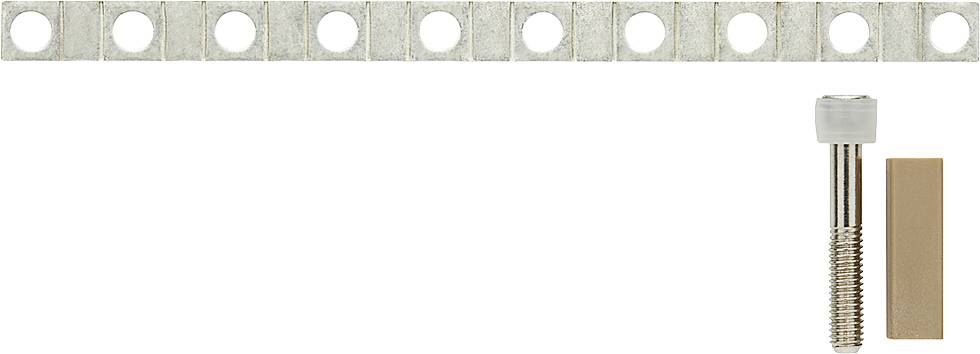 Metallschiene mit Löchern, Schraube und rechteckiger Holzblock. Dient zur Befestigung oder Montage von Bauteilen.