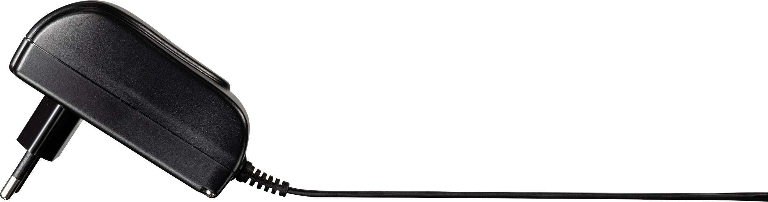Ein schwarzes Netzladegerät mit einem langen Kabel, das zur Stromversorgung von Geräten verwendet wird.