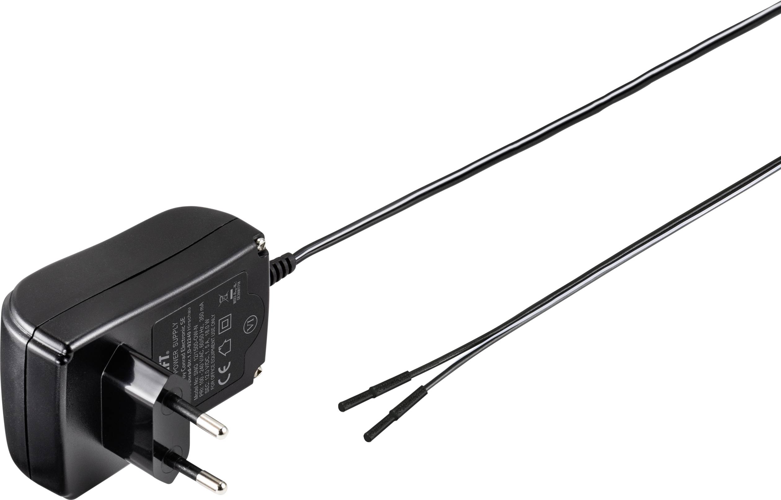 Schwarzes Netzteil mit Euro-Stecker und zwei langen Kabeln zur Stromversorgung, geeignet für elektronische Geräte.