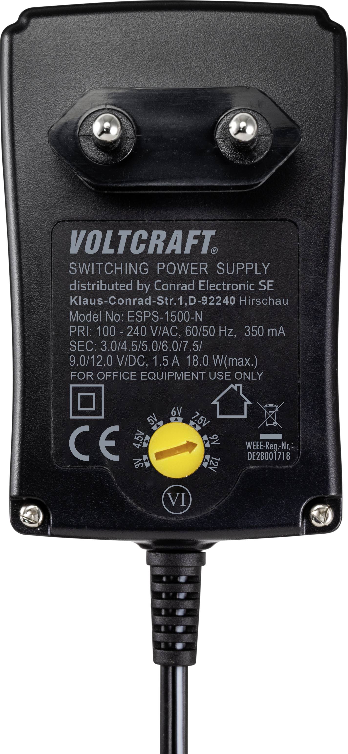 VOLTCRAFT VC-11320905 Steckernetzteil, einstellbar 3 V/DC, 4.5 V/DC, 5 V/DC, 6 V/DC, 7.5 V/DC, 9 V/DC, 12 V/DC 1.5A 18W