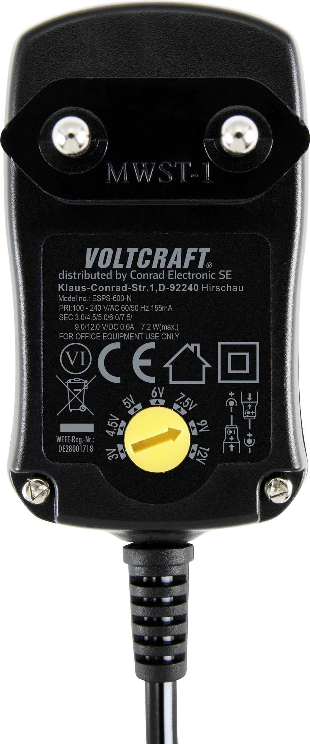 VOLTCRAFT VC-11320915 Steckernetzteil, einstellbar 3 V/DC, 4.5 V/DC, 5 V/DC, 6 V/DC, 7.5 V/DC, 9 V/DC, 12 V/DC 0.6A 7.2W