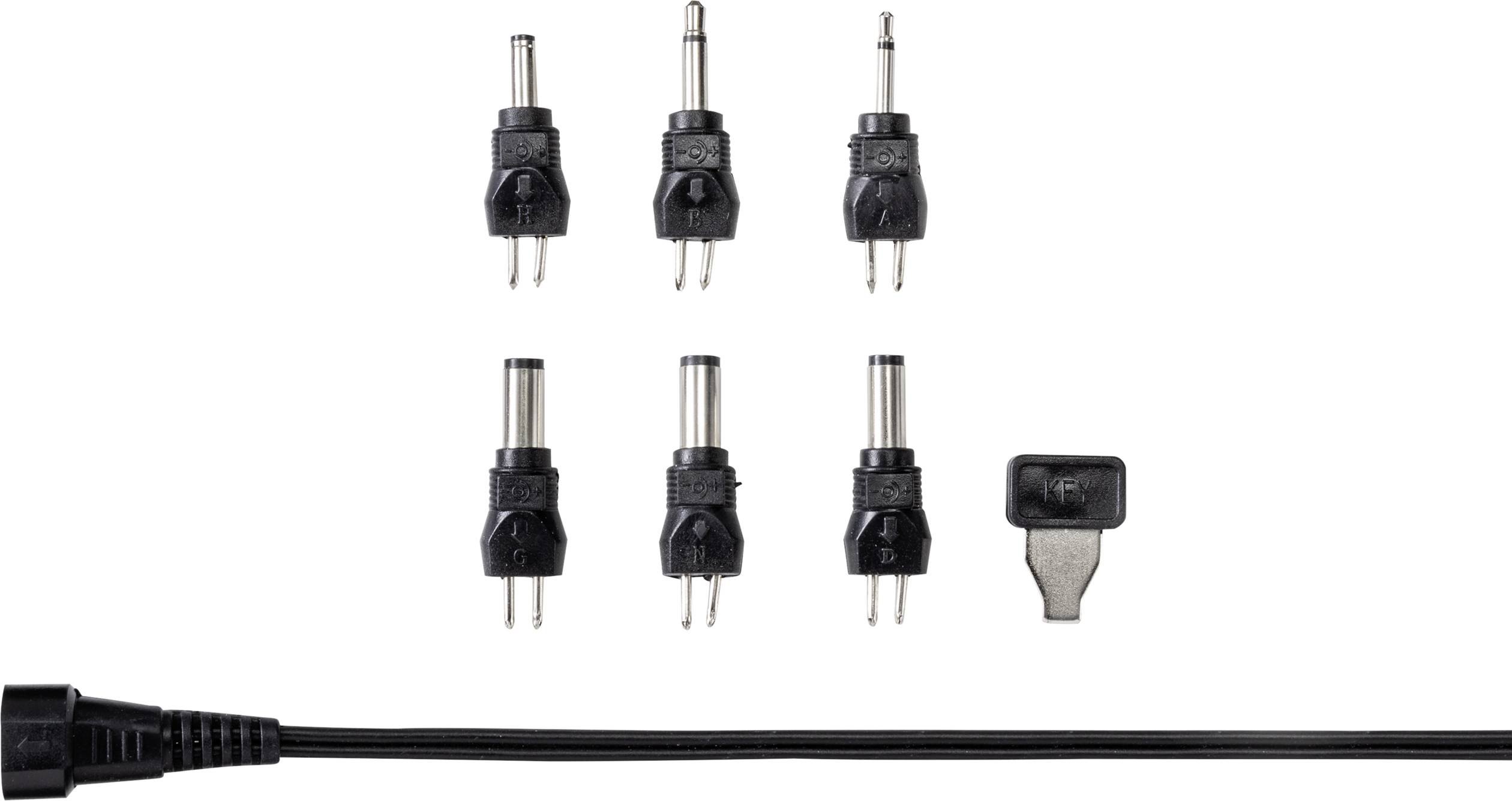 Sechs verschiedene schwarze Adapterstecker und ein Adapter kombiniert dargestellt, geeignet für unterschiedliche Geräteanschlüsse.