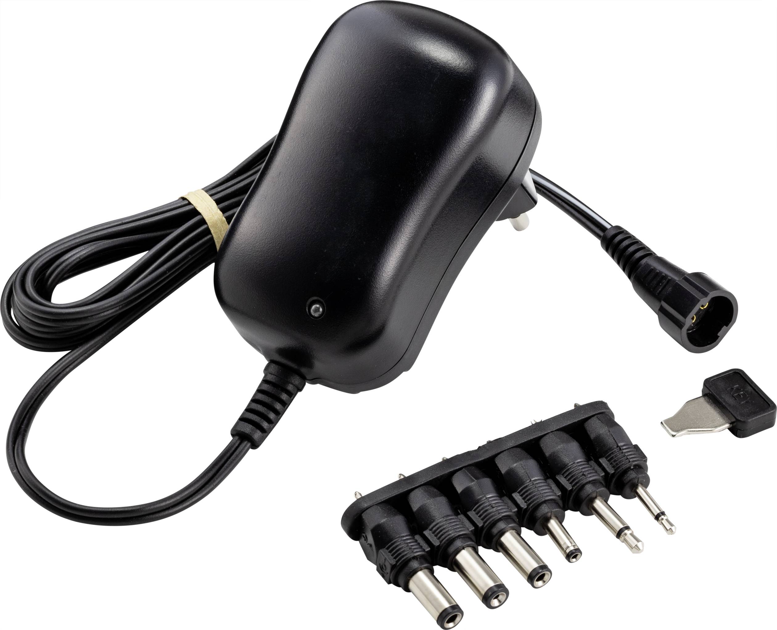 Schwarzes Netzteil mit Kabel und mehreren austauschbaren Adaptern, geeignet für verschiedene elektronische Geräte.