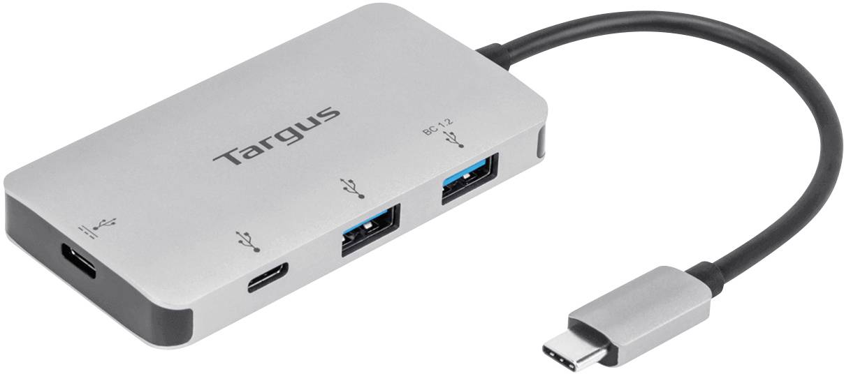Ein silberner USB-C-Hub mit dem Markennamen 'Targus', der mehrere USB-Anschlüsse bietet, liegt auf einer weißen Oberfläche.