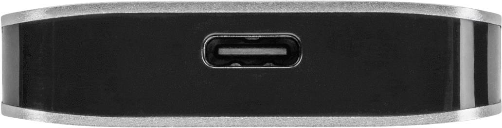 Ein USB-C-Anschluss in der Mitte eines schwarzen Gerätes mit silbernen Kanten, betrachtet von vorne.