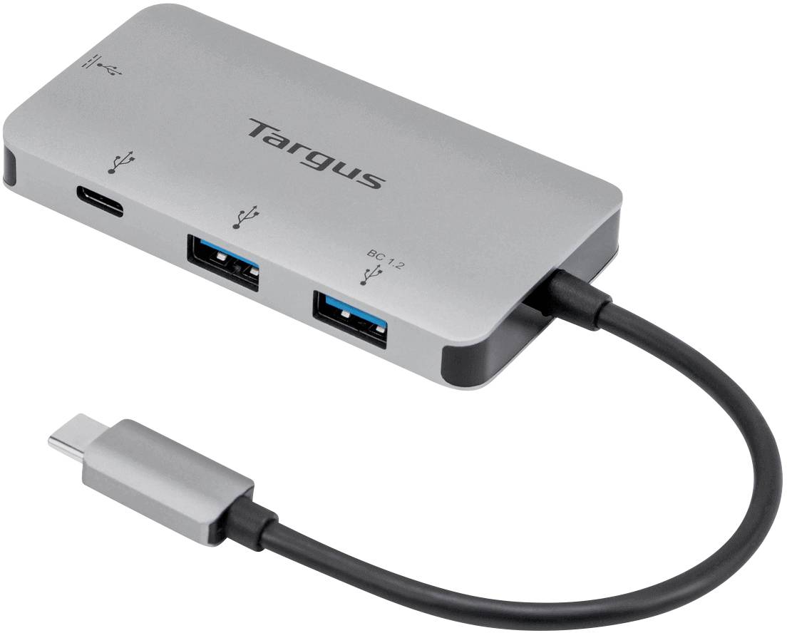 Ein silberner USB-C-Hub mit mehreren Anschlüssen, darunter ein USB-C- und drei USB-Anschlüsse, verbunden mit einem kurzen Kabel.