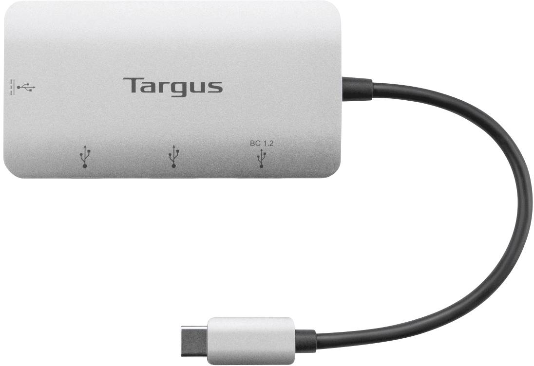 Ein USB-C-auf-USB-A-Adapter von Targus mit drei USB-Anschlüssen und Ladehinweis BC 1.2. Der Adapter ist silberfarben.