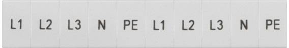 Klemmenblock mit Beschriftungen: L1, L2, L3, N, PE, L1, L2, L3, N, PE.