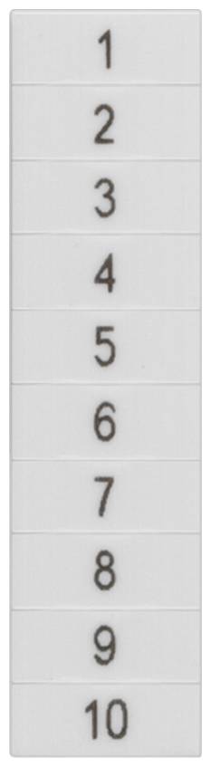 Weiße Plastikplatte mit aufgedruckten schwarzen Zahlen von 1 bis 10, vertikal angeordnet.