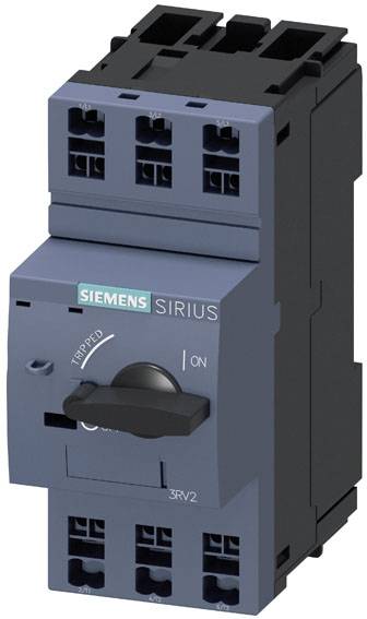 Ein graues elektrisches Schütz der Marke Siemens. Es hat Schalterstellungen 'Tripped' und 'On', und mehrere Steckplätze oben und unten.