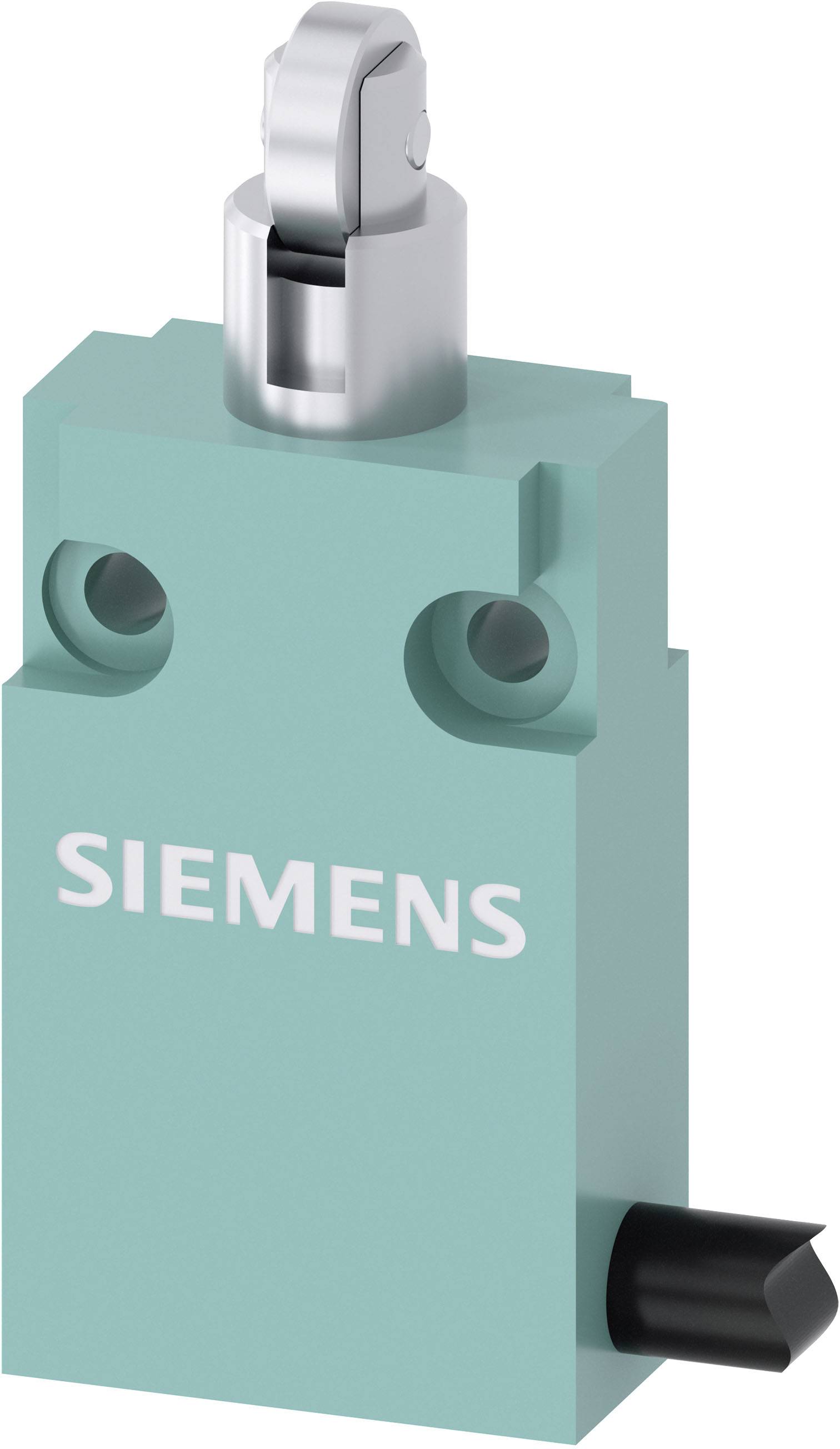 Ein türkisfarbener Siemens-Schalter mit Metallhebel oben, geeignet für industrielle Anwendungen.