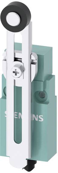 Ein Hebelarm-Schalter mit türkisfarbenem Gehäuse und weißem Hebel von Siemens, verwendet in Automatisierungstechnik.