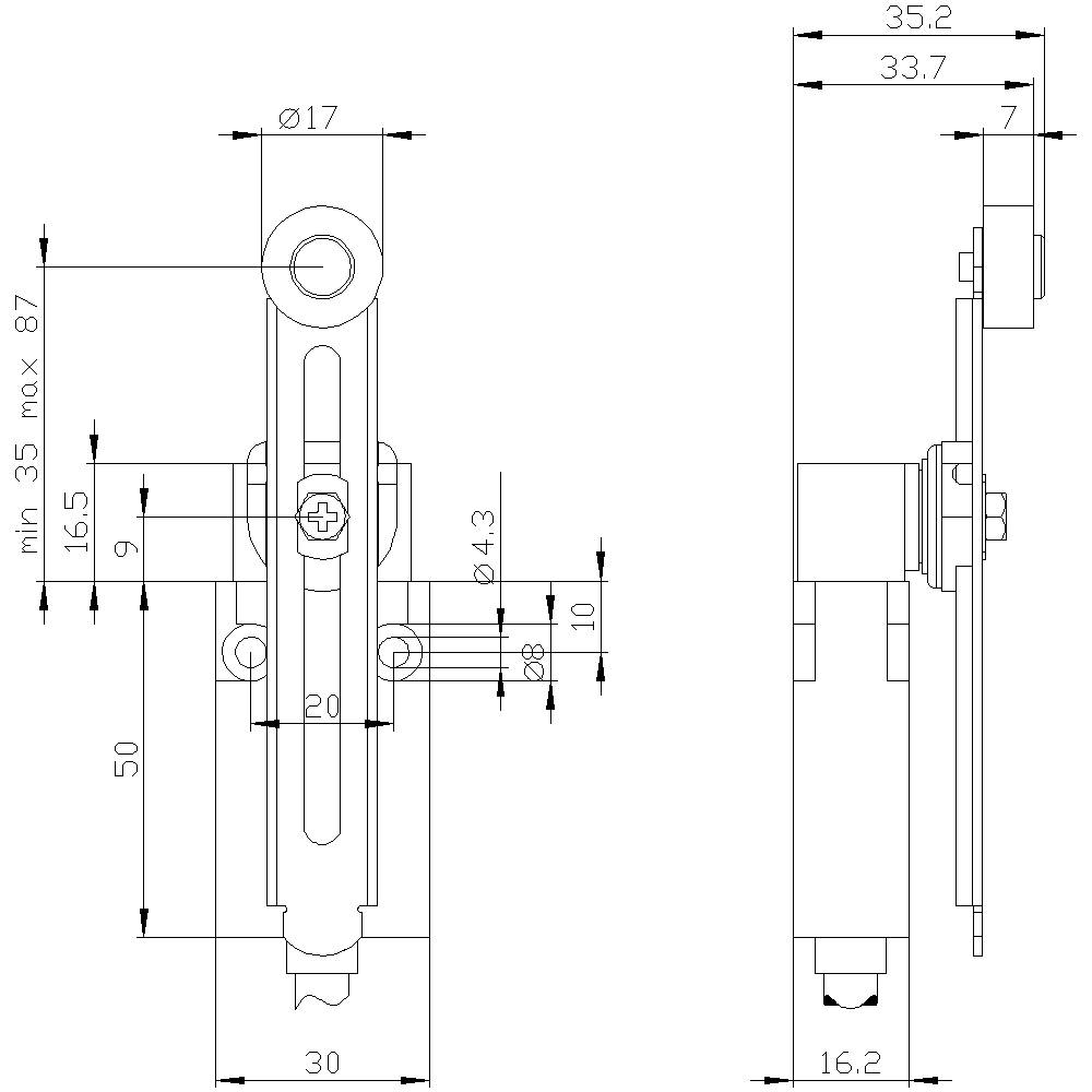 Technische Zeichnung eines mechanischen Teils mit den Maßen in Millimetern, zeigt Aufsicht und Seitenansicht mit detaillierten Markierungen.