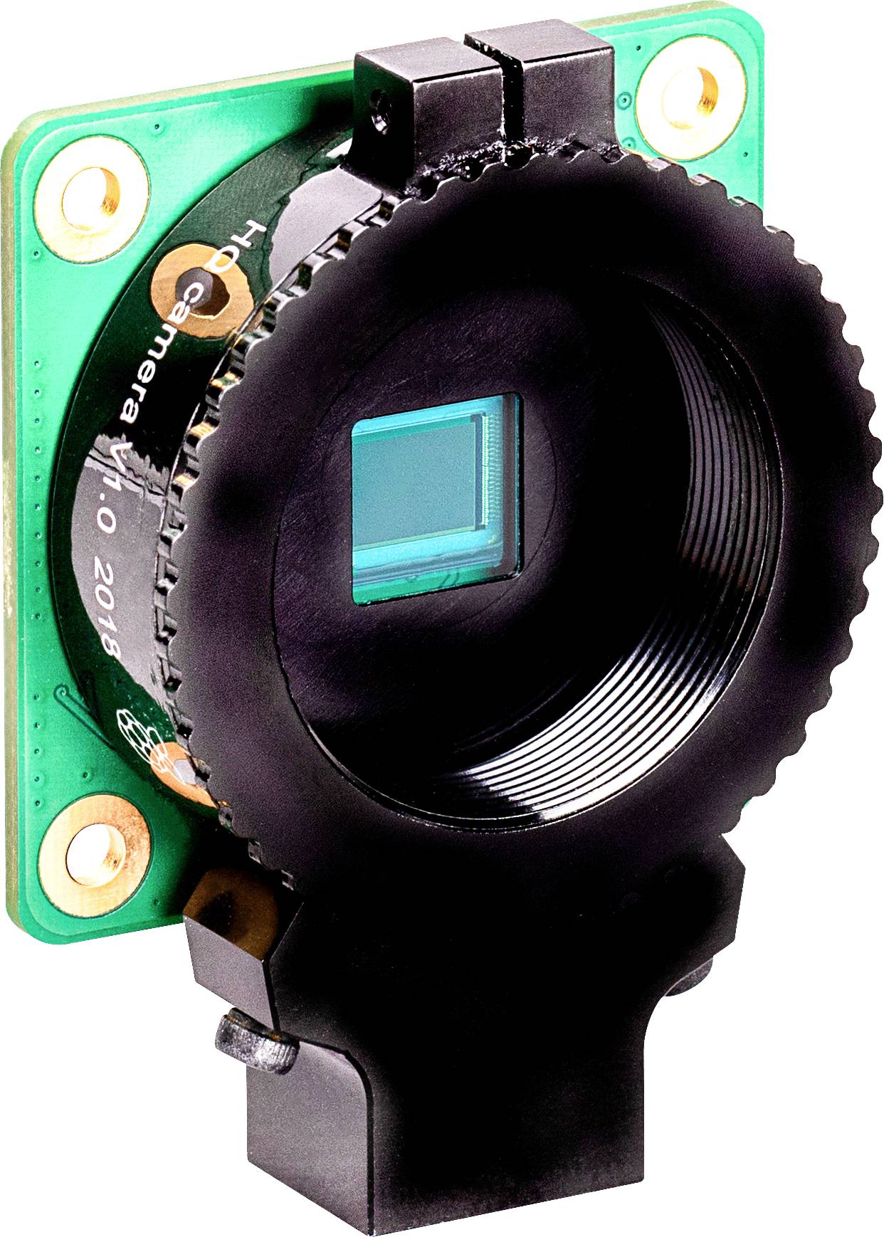 Kameratechnik-Modul mit Objektivhalterung und sichtbarem Sensor, montiert auf grünem Schaltkreis. Vier Befestigungslöcher sind zu sehen.