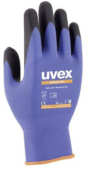 Blaue Arbeits-Handschuhe von Uvex, Modell 'athletic lite', mit schwarzen Fingerspitzen und Handfläche, geeignet für industrielle Anwendungen.