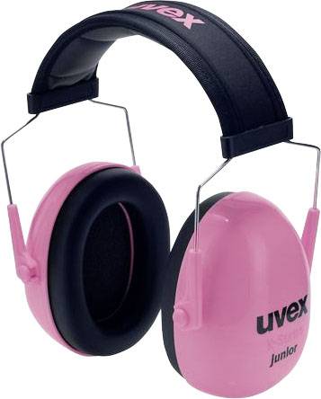 Schwarze und rosa Ohrenschützer mit der Aufschrift 'uvex Junior', geeignet für Gehörschutz bei lauter Umgebung.