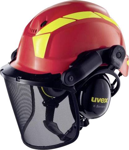 Roter Sicherheitshelm mit gelbem Streifen, Visier und Hörschutz, geeignet für Feuerwehr oder Rettungsdiensteinsätze.