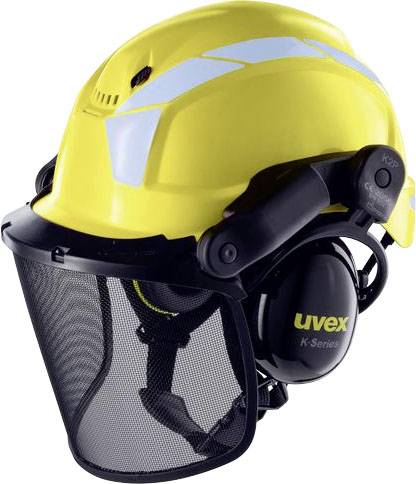 Gelber Schutzhelm mit integriertem Visier und Gehörschutz, geeignet für Forstarbeiten oder ähnliche Tätigkeiten in lauter Umgebung.