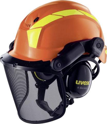 Ein leuchtend orangefarbener Schutzhelm mit gelbem Reflexstreifen, Gesichtsschutz und Gehörschutz.