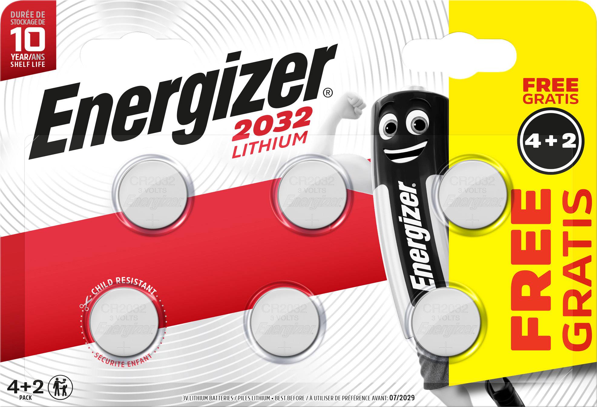 Verpackung von Energizer-Lithium-Batterien, Modell 2032. Sechs Batterien (4+2 gratis) mit Bezeichnungen 'Durée de Stockage 10 ans'.