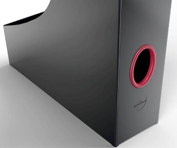 Schwarzer Zeitschriftenhalter mit rundem rotem Loch an der Seite, geeignet zur Aufbewahrung oder Organisierung von Dokumenten.