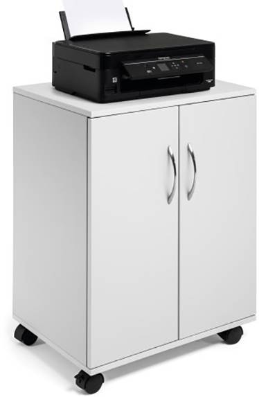 Schwarzer Drucker auf einem weißen, rollbaren Schrank mit zwei Türen.