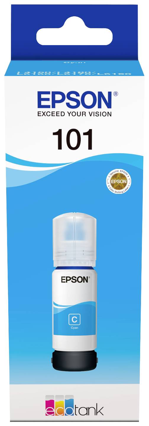 Tintenflasche Epson 101, cyan, in blauer Verpackung für Ecotank-Drucker. Enthält hochwertige Tinte für leuchtende Drucke.