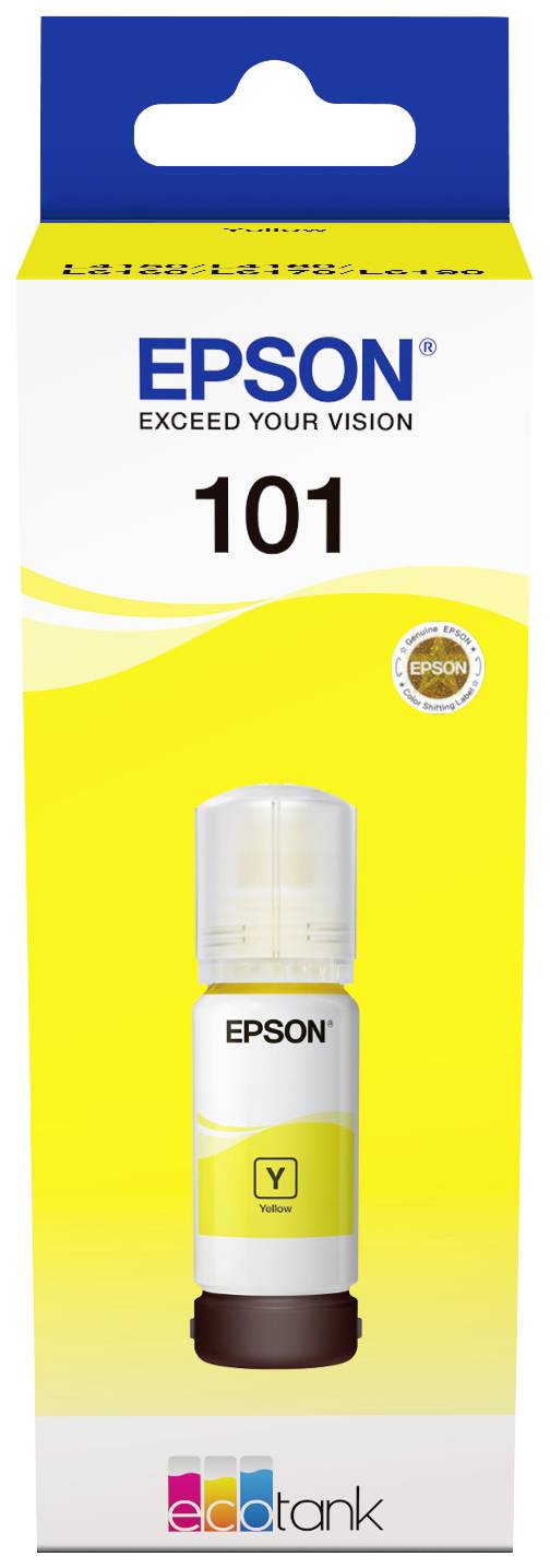 Gelbe Tintenflasche 'Epson 101' für Ecotank-Drucker. Verpackung zeigt Epson-Logo, Tintenmodul und Hinweis auf hohe Kapazität.