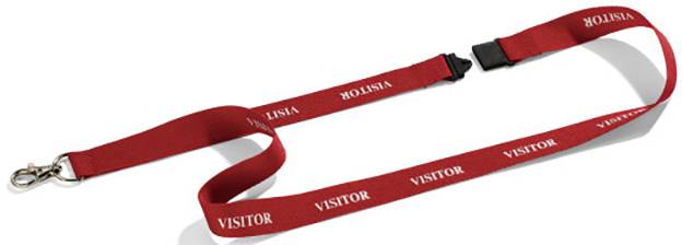 Rotes Schlüsselband mit weißem Text 'VISITOR'.