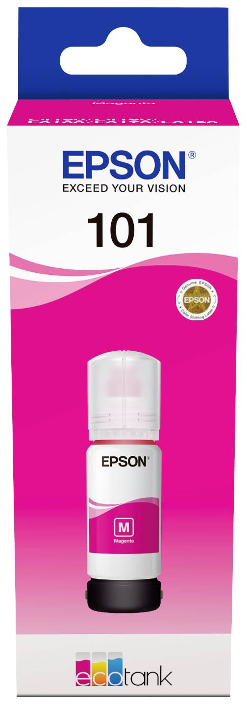 Epson 101 Magenta Tintenflasche, geeignet für EcoTank-Drucker, Verpackung Vorderansicht mit Logo und farbenfrohem Design.