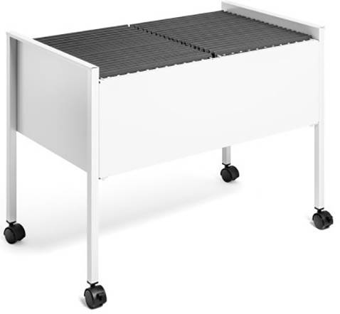 Ein weißer rollbarer Aktenschrank mit schwarzen Hängeregistern. Die Schublade ist offen, um die Register zu zeigen.