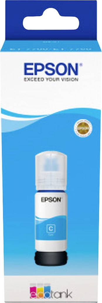 Verpackung für Epson Tintenflasche, Modell EcoTank C (cyan), mit Slogan 'Exceed Your Vision'. Hauptfarbe ist blau.