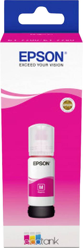 Epson Tintenflasche ET-2711, magenta. Kompatibel mit EcoTank-Druckern. Zeigt Markenlogo und Slogan 'Exceed Your Vision'.