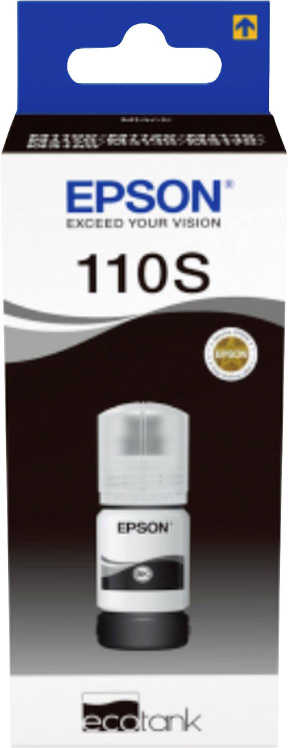 'EPSON 110S' Tintenflaschenverpackung mit einem Bild der Tintenflasche, geeignet für EcoTank-Drucker, auf vertikaler Verpackung.