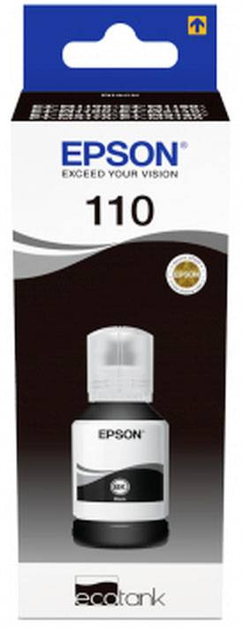 Epson Tintenflasche 110 für Ecotank-Drucker, 65 ml, schwarz, in Verpackung mit Aufschrift 'Exceed Your Vision'.